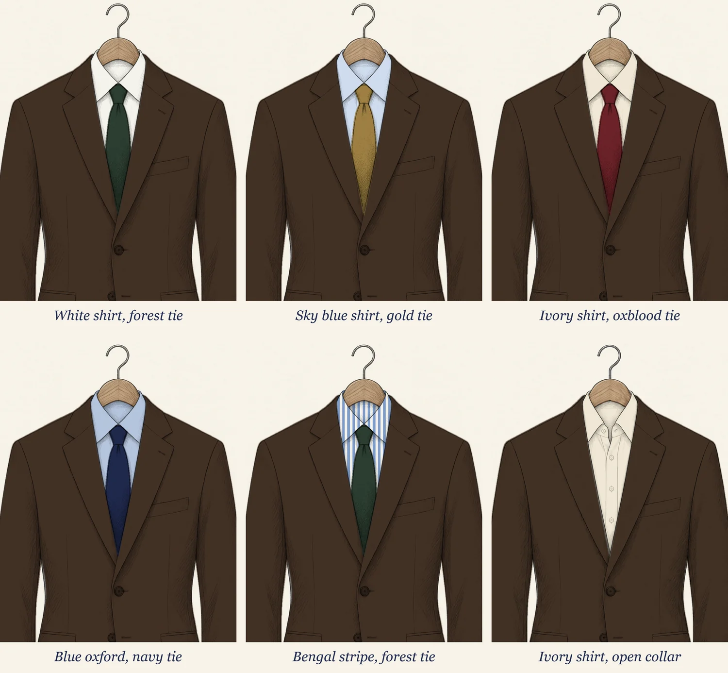 Six brown suit jackets on hangers drawn in pencil in two rows, each labelled: white shirt with forest green tie, sky blue shirt with gold tie, ivory shirt with oxblood tie, blue oxford with navy tie, Bengal stripe with forest green tie, and an ivory shirt with an open collar