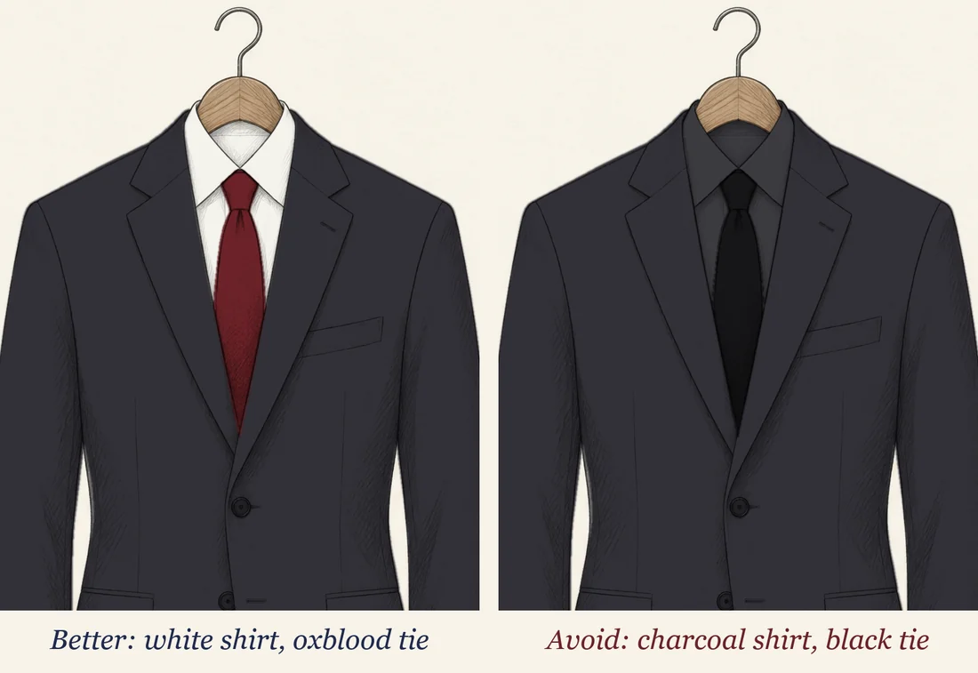 Two charcoal suit jackets drawn in pencil side by side and labelled: better, a white shirt with an oxblood tie; avoid, a charcoal shirt with a black tie that merges with the jacket
