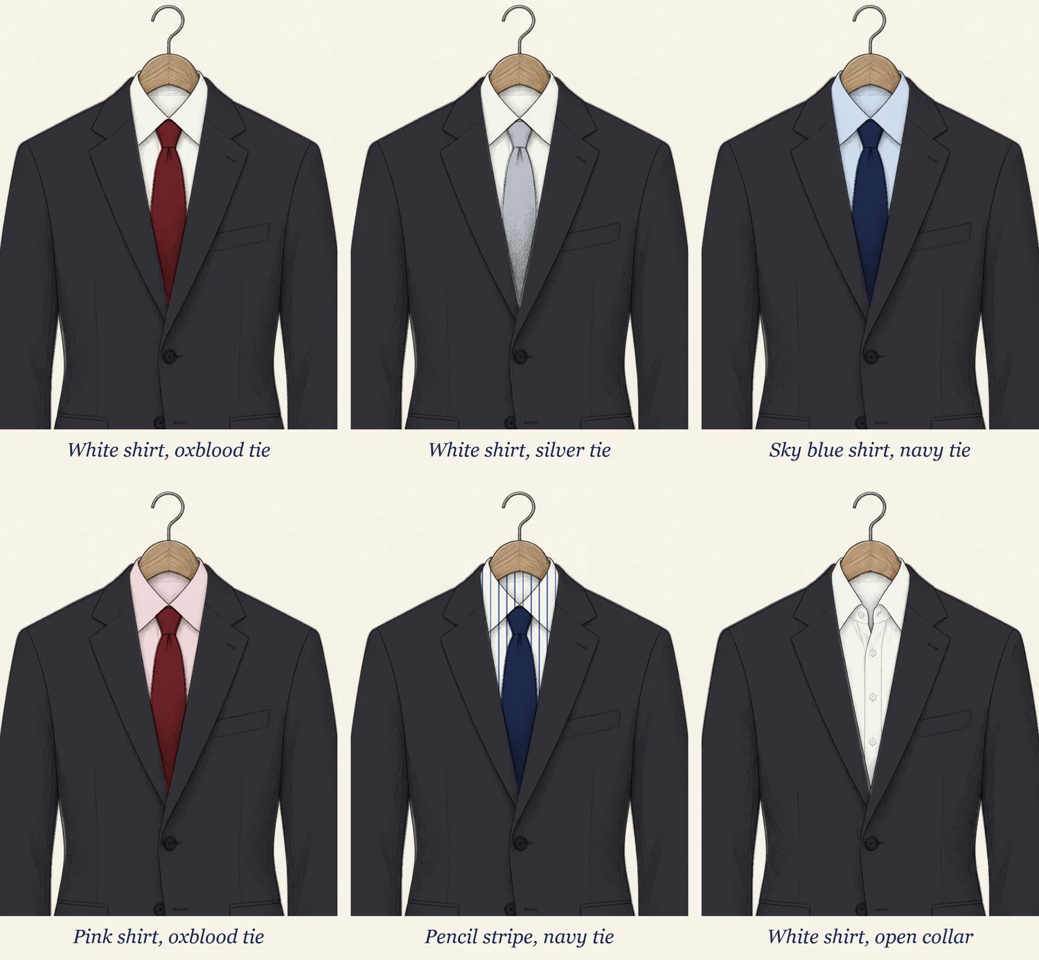 Six charcoal suit jackets on hangers drawn in pencil in two rows, each labelled: white shirt with oxblood tie, white shirt with silver tie, sky blue shirt with navy tie, pink shirt with oxblood tie, pencil stripe with navy tie, and a white shirt with an open collar