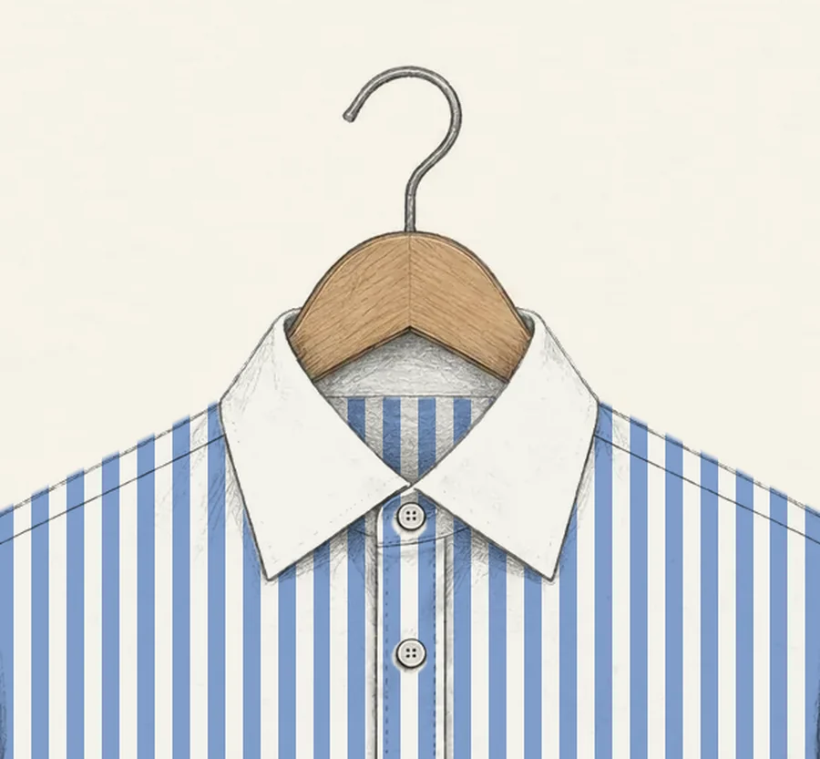 Close-up drawing in pencil of a white spread collar on a blue Bengal stripe shirt, on a wooden hanger