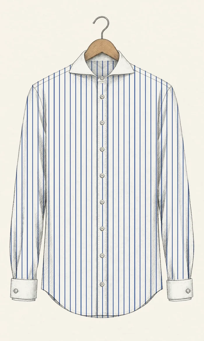 A white shirt with thin navy pencil stripes drawn in pencil on a hanger, with a white cutaway collar and white French cuffs