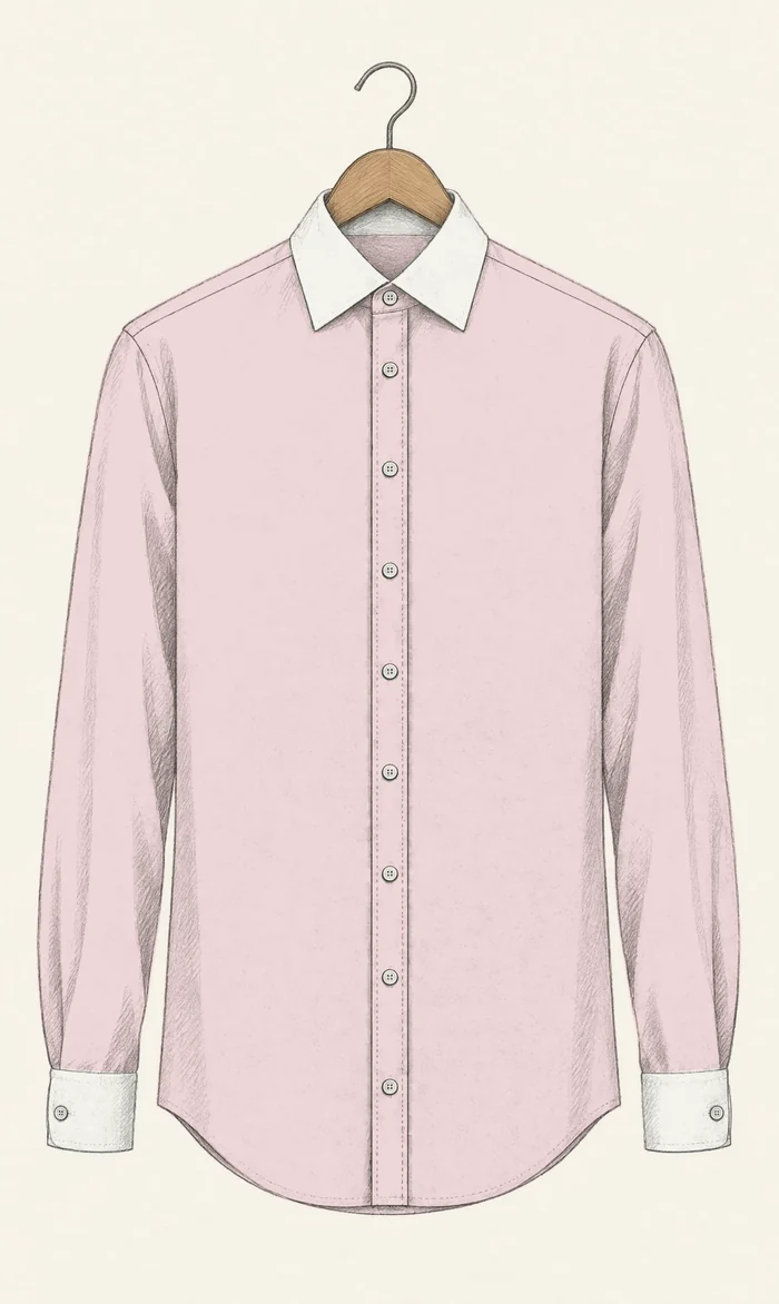 A pale pink dress shirt drawn in pencil on a hanger, with a white spread collar and white barrel cuffs