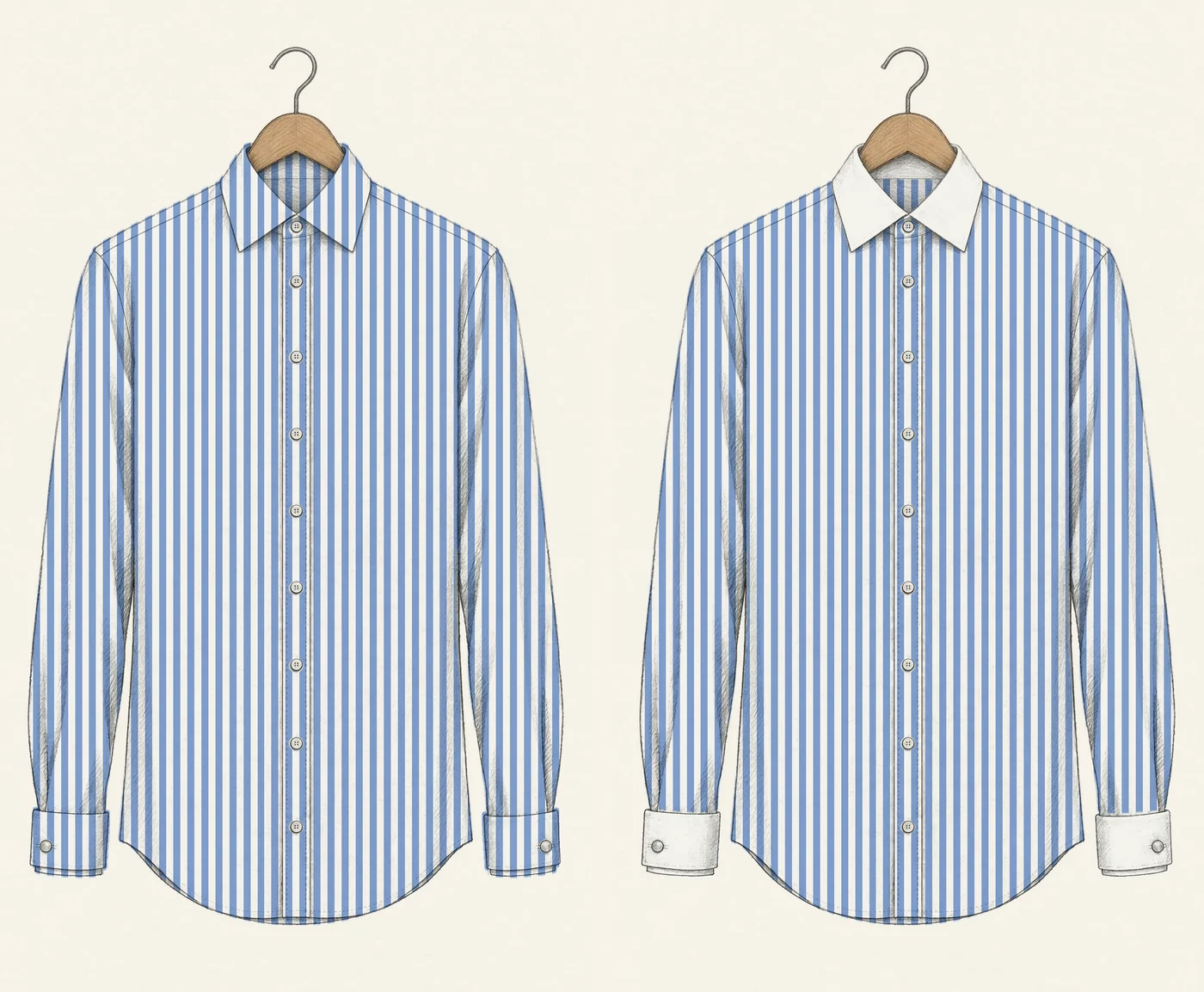 Two blue Bengal stripe dress shirts on hangers drawn in pencil side by side: on the left with a matching striped collar and French cuffs, on the right the same shirt with a white spread collar and white French cuffs