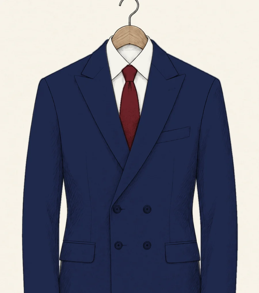A navy four-button double-breasted suit jacket with peak lapels drawn in pencil, the buttons in a square of four