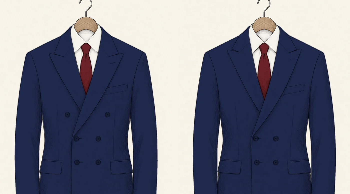 Two navy double-breasted suit jackets with peak lapels drawn in pencil side by side: on the left six buttons in three rows, fastening on the middle row; on the right four buttons in two rows, fastening on the upper row