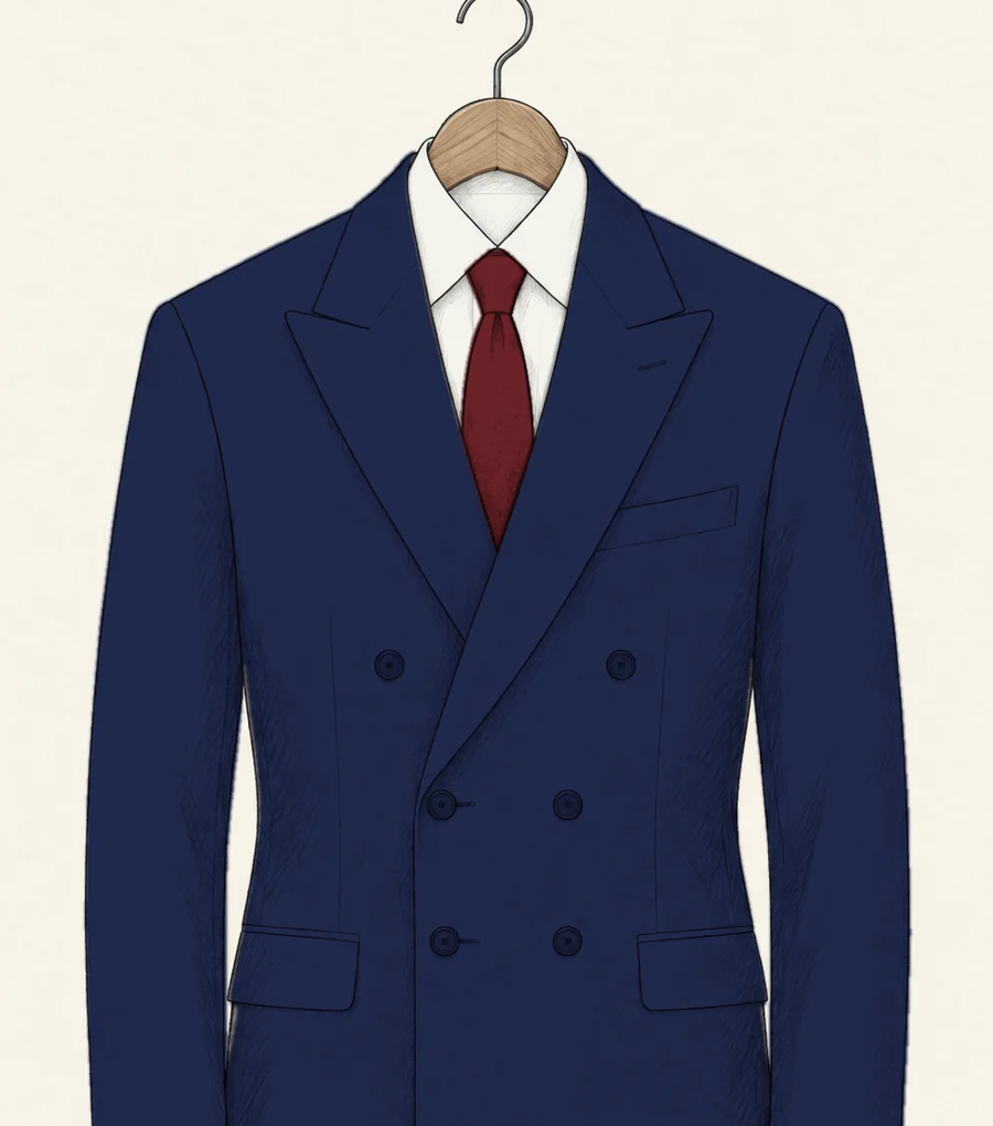 A navy six-button double-breasted suit jacket with peak lapels drawn in pencil, over a white shirt and red tie