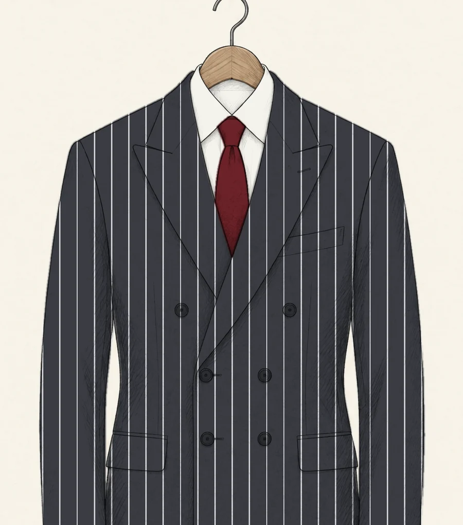 A charcoal chalkstripe six-button double-breasted suit jacket with peak lapels drawn in pencil, over a white shirt and red tie