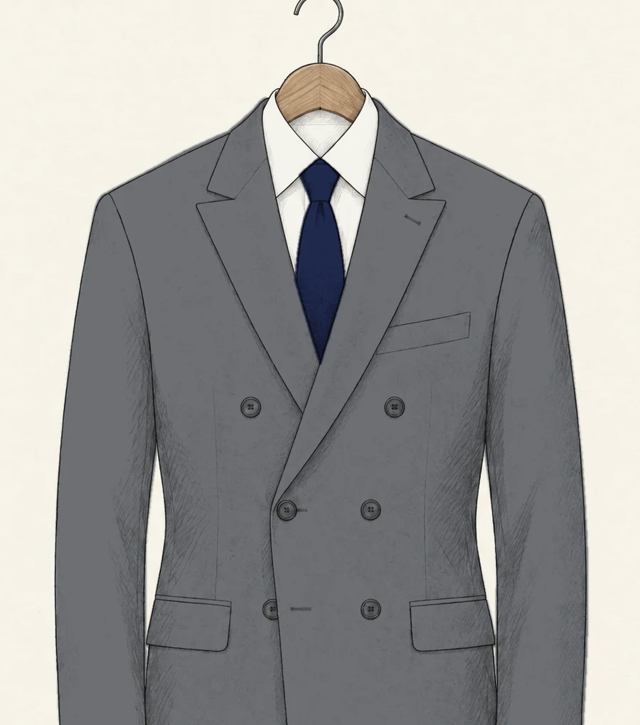 A grey six-button double-breasted suit jacket with notch lapels drawn in pencil, over a white shirt and navy tie