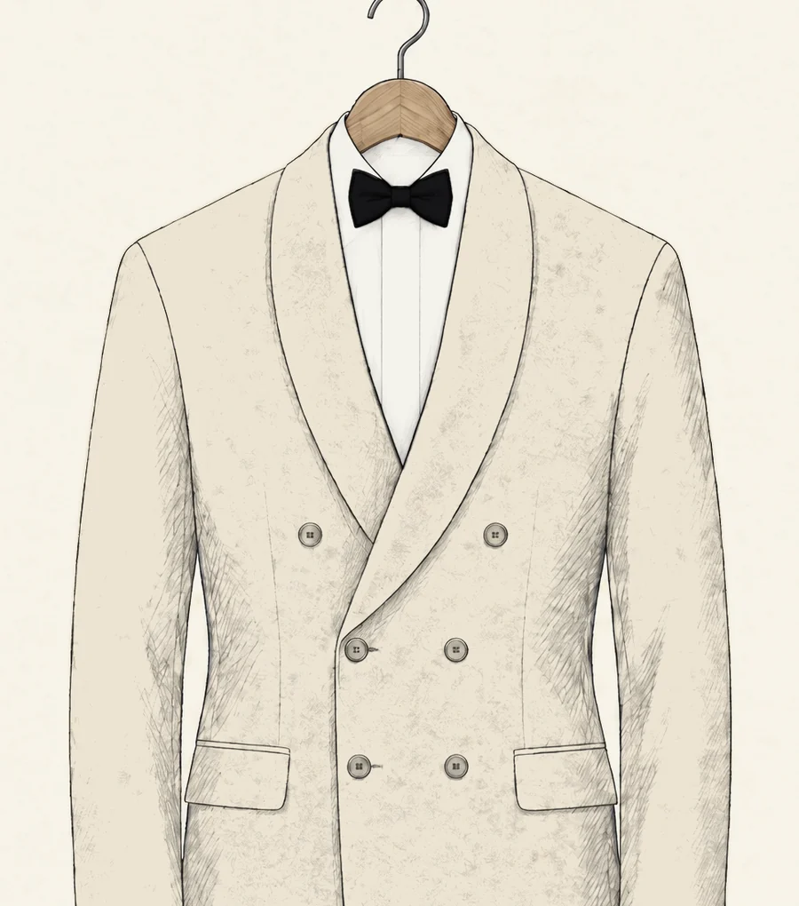 An ivory double-breasted dinner jacket with a shawl collar and six buttons drawn in pencil, over a white shirt and black bow tie