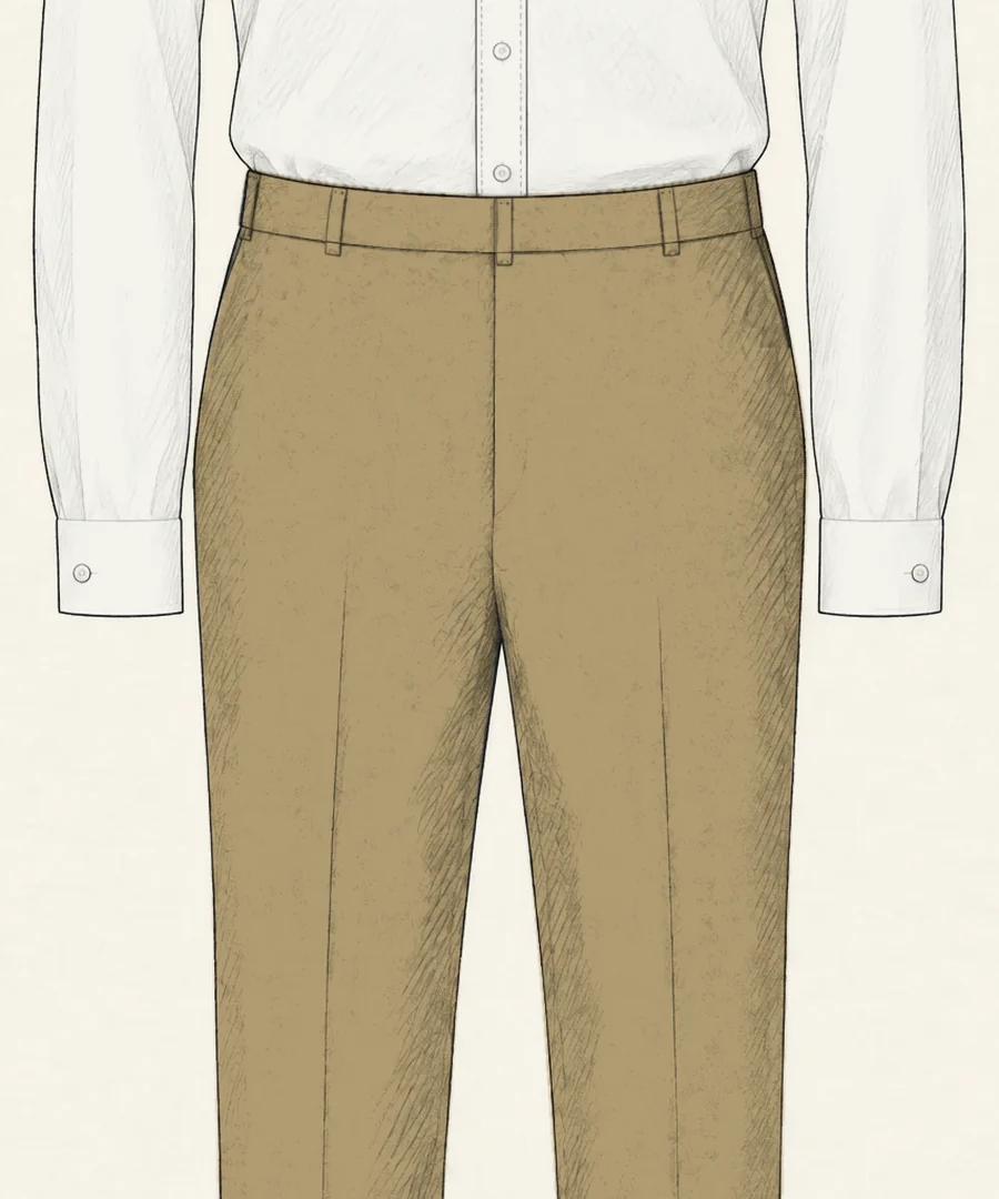 Khaki flat-front chinos with belt loops drawn in pencil under a white shirt