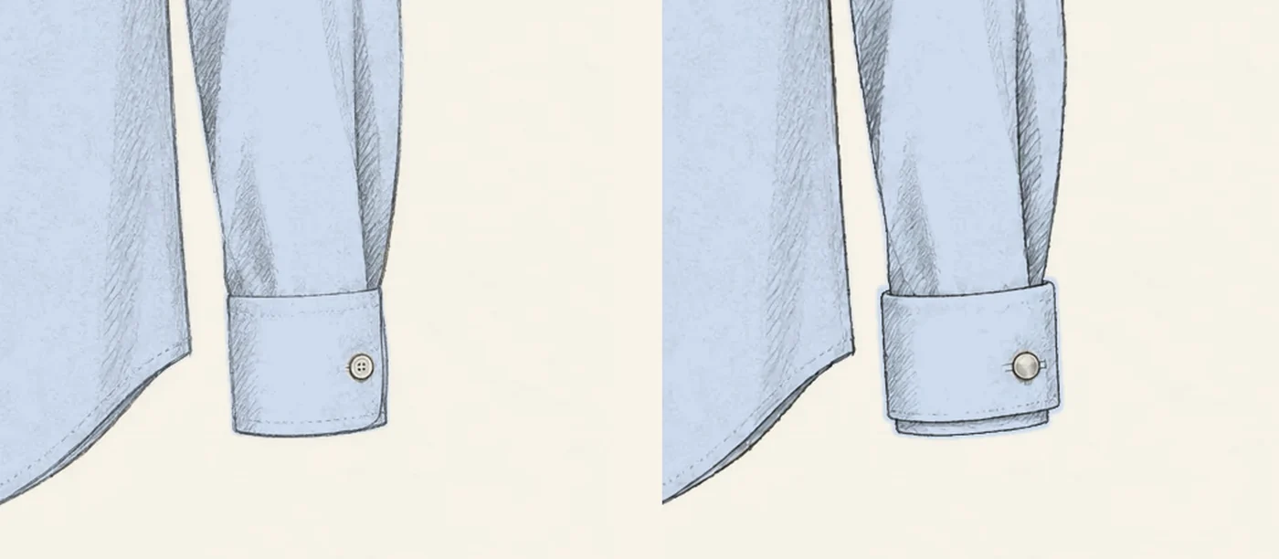 Two pale blue shirt sleeves drawn in pencil side by side: on the left a barrel cuff fastened with one button, on the right a deeper French cuff folded back and closed with a cufflink