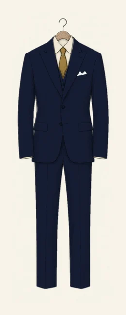A midnight navy three-piece suit with peak lapels, an ivory shirt and a gold tie drawn in pencil on a hanger, on its own
