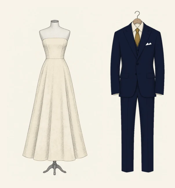 An ivory satin A-line gown drawn in pencil on a dressmaker's form beside a midnight navy three-piece suit with peak lapels, an ivory shirt and a gold tie