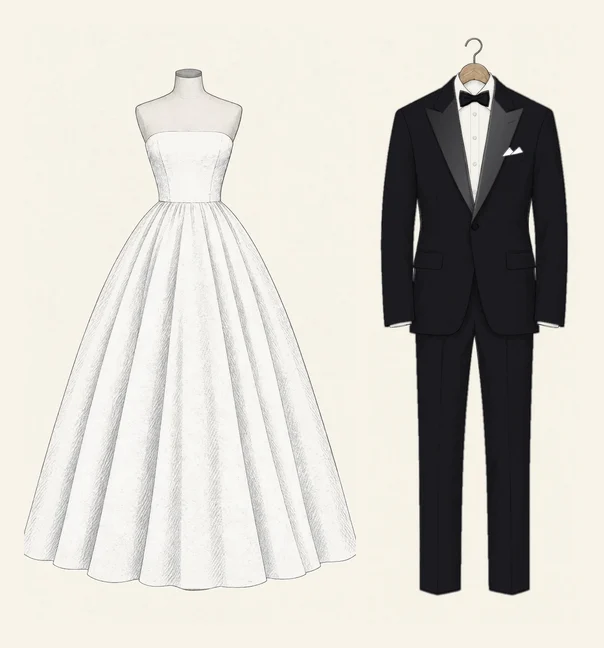 A white satin ball gown drawn in pencil on a dressmaker's form beside a black dinner suit with satin peak lapels, a white shirt and a black bow tie on a hanger