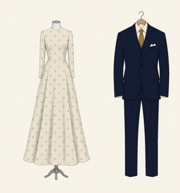 The same ivory lace gown drawn in pencil beside the same midnight navy three-piece, now with an ivory shirt