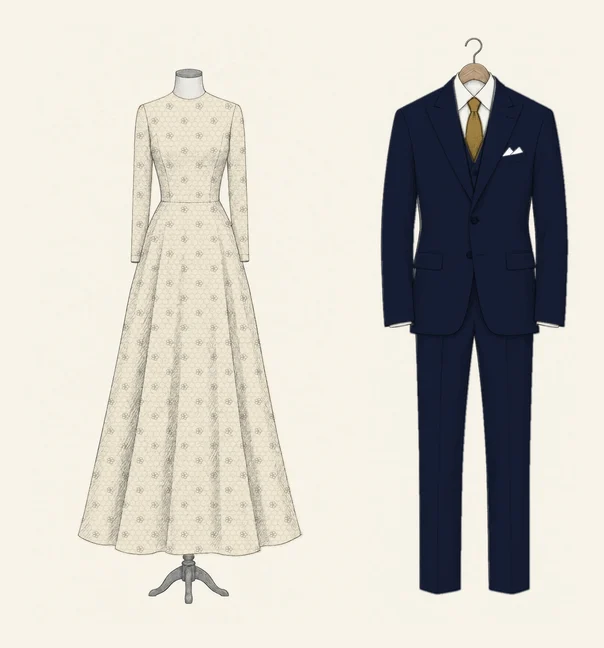 An ivory lace gown with long sleeves drawn in pencil beside a midnight navy three-piece with a bright white shirt