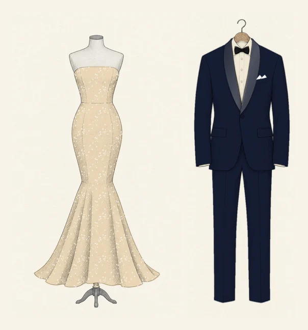 A champagne beaded fit-and-flare gown drawn in pencil on a dressmaker's form beside a midnight blue dinner suit with a satin shawl collar, an ivory shirt and a black bow tie