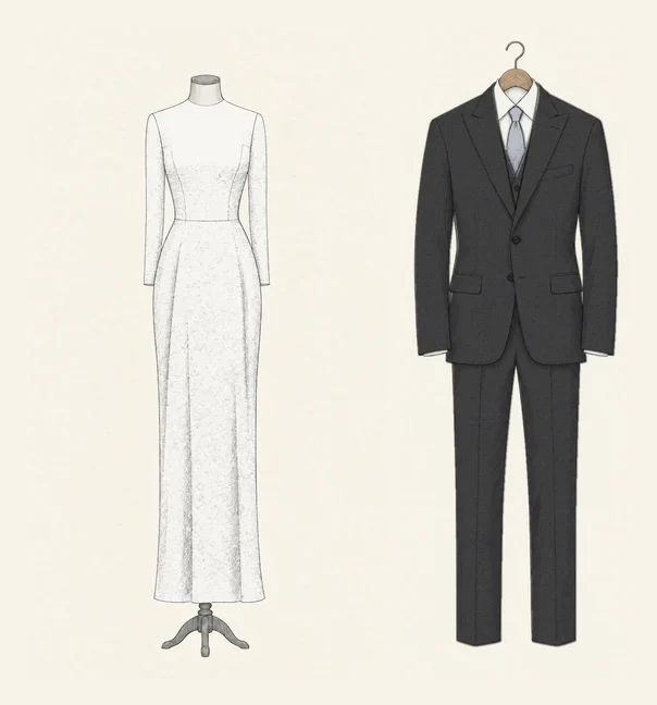 A white crepe sheath gown with long sleeves and a high neck drawn in pencil on a dressmaker's form beside a charcoal three-piece suit with peak lapels, a white shirt, a silver tie and no pocket square
