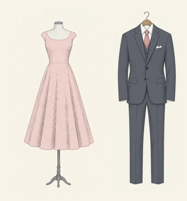 A blush tulle tea-length gown with short sleeves drawn in pencil on a dressmaker's form beside a grey three-piece summer suit with notch lapels, a white shirt and a blush tie