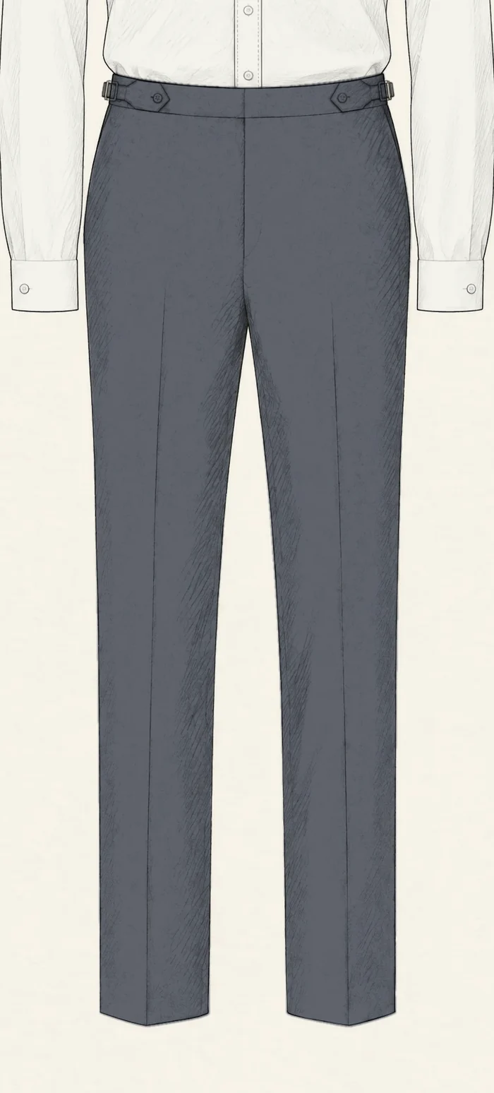 Grey flannel flat-front trousers drawn in pencil at full length under a white shirt, with side adjusters at the waistband and plain hems