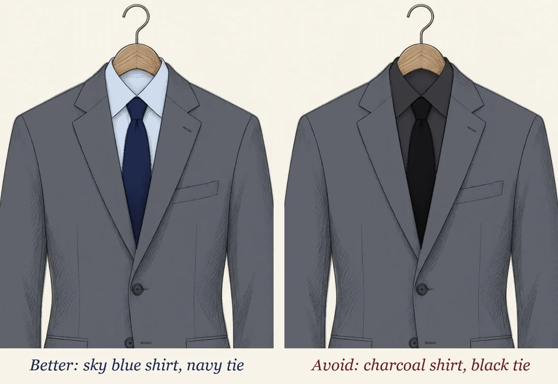 Two mid grey suit jackets drawn in pencil side by side and labelled: better, a sky blue shirt with a navy tie; avoid, a charcoal shirt with a black tie