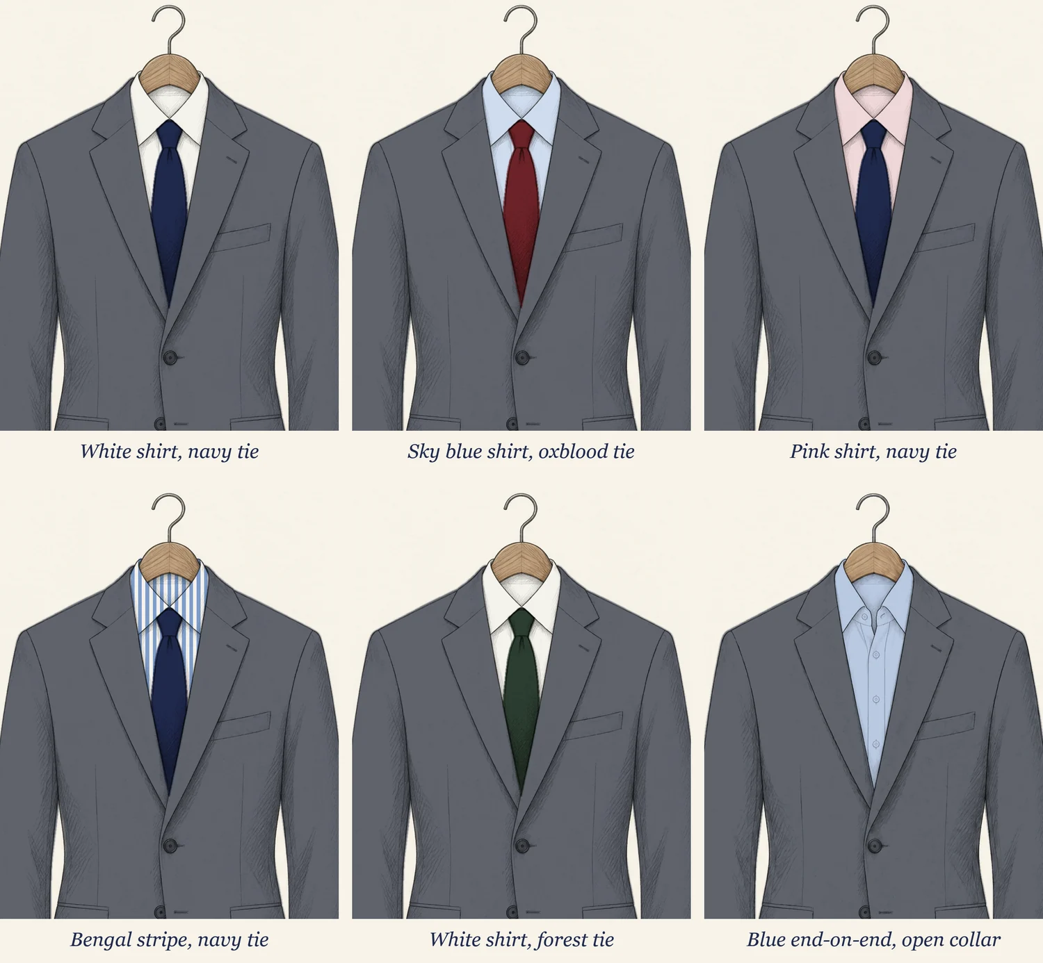 Six mid grey suit jackets on hangers drawn in pencil in two rows, each labelled: white shirt with navy tie, sky blue shirt with oxblood tie, pink shirt with navy tie, Bengal stripe with navy tie, white shirt with forest green tie, and a blue end-on-end shirt with an open collar