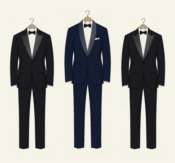Three dinner jackets drawn in pencil in a row: two groomsmen in black dinner jackets with peak lapels and bow ties either side of the groom in a midnight blue dinner jacket with a shawl collar
