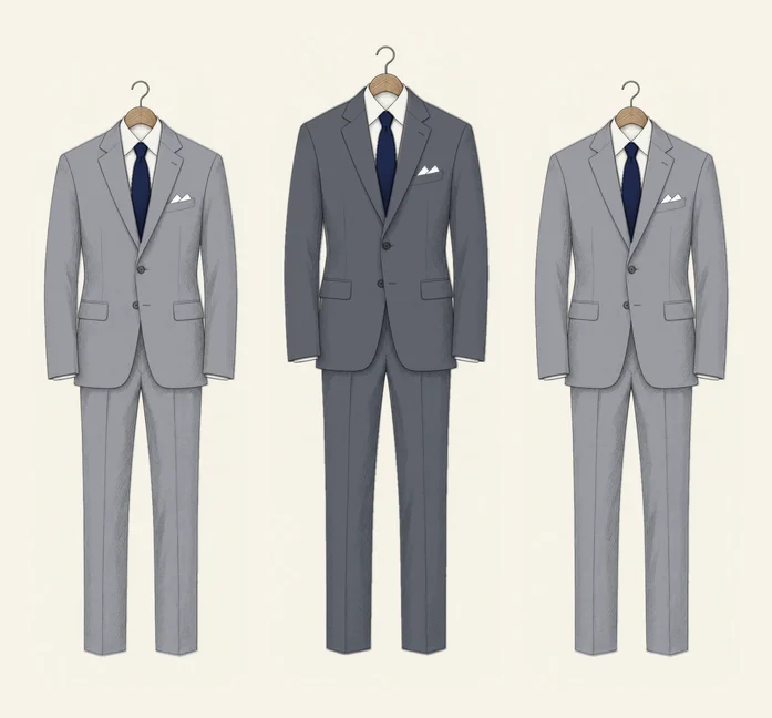 Three grey suits drawn in pencil in a row: two groomsmen in silver grey either side of the groom in a deeper slate grey, all with navy ties