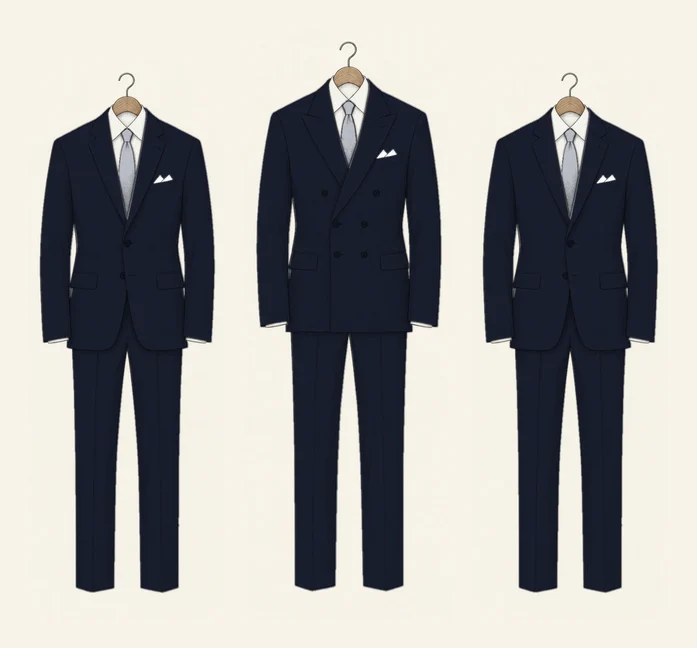 Three navy suits drawn in pencil in a row: two groomsmen in single-breasted suits either side of the groom in a double-breasted jacket with peak lapels