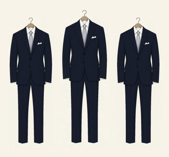 Three navy suits drawn in pencil in a row: two groomsmen with notch lapels either side of the groom, who wears peak lapels