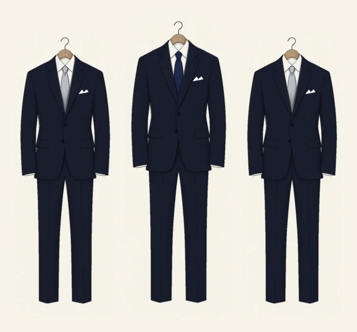 Three navy suits drawn in pencil in a row: two groomsmen in silver ties either side of the groom in a navy tie
