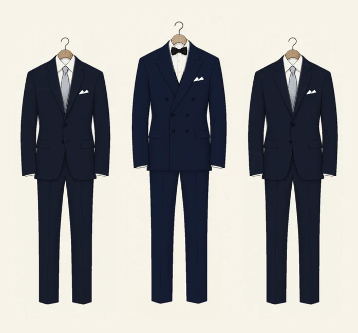 Three suits drawn in pencil in a row: two groomsmen in navy suits with silver ties either side of a groom in a midnight double-breasted suit with a waistcoat and a bow tie, too different from the rest