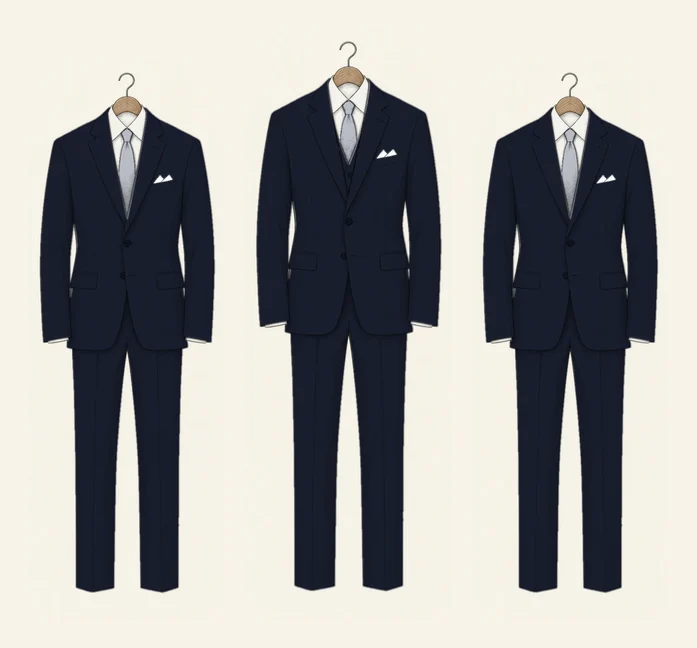 Three navy suits drawn in pencil in a row on hangers: two groomsmen in two-piece suits with silver ties either side of the groom, who wears the same navy suit with a matching waistcoat