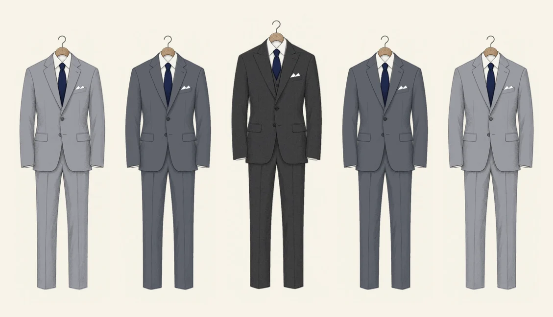Five grey suits drawn in pencil in a row, lightest at the ends and darkest in the middle: groomsmen in silver grey and slate grey either side of the groom in a charcoal three-piece, all in navy ties