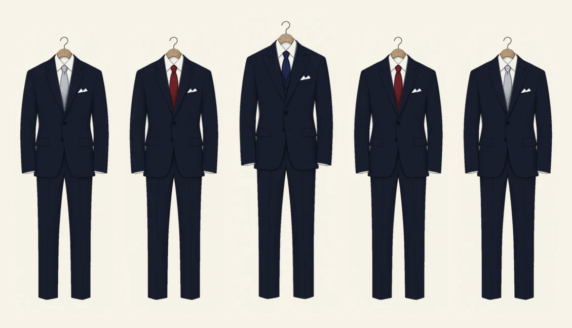 Five navy suits drawn in pencil in a row: groomsmen in silver and oxblood ties mirrored either side of the groom in a navy three-piece with a navy tie