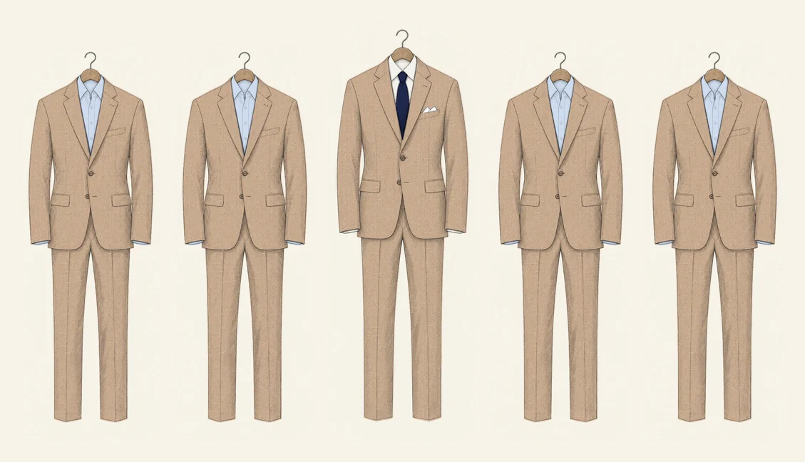 Five stone linen suits drawn in pencil in a row: four groomsmen in sky blue shirts with open collars either side of the groom in a white shirt and navy tie
