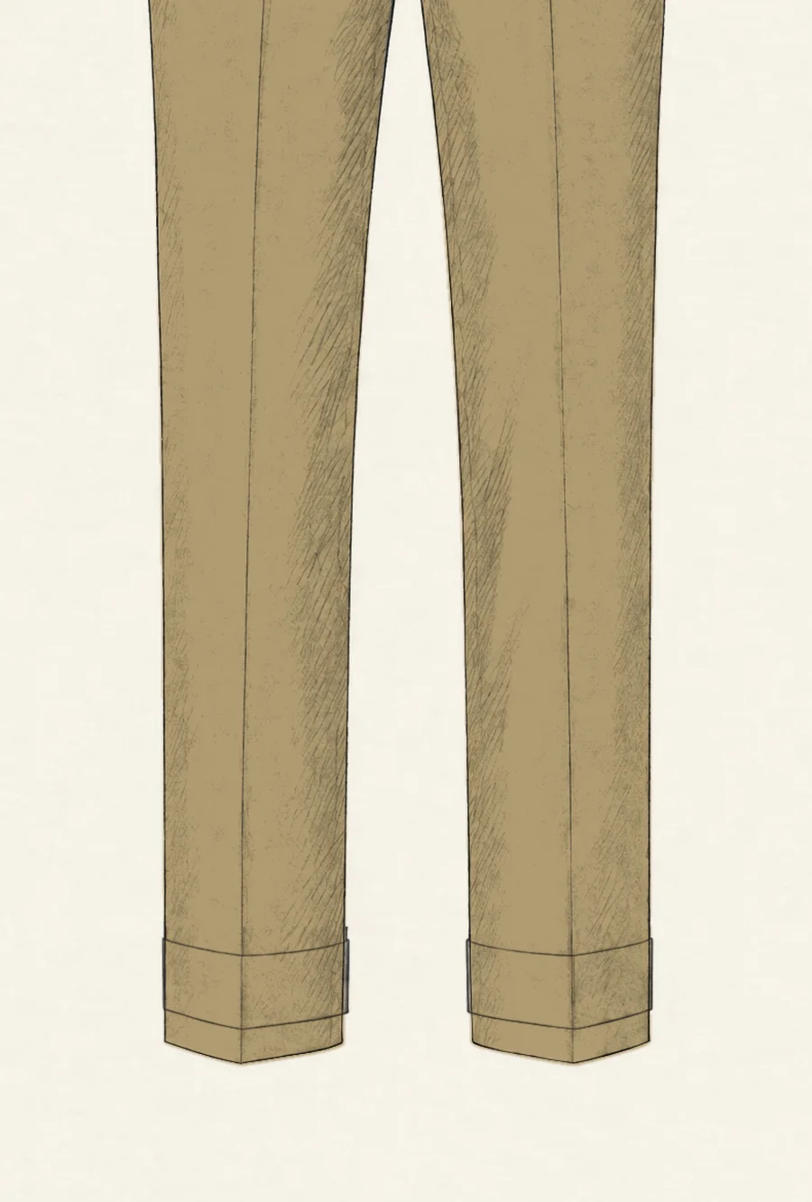 Khaki chino legs drawn in pencil from the knee down, with turn-ups at the hems