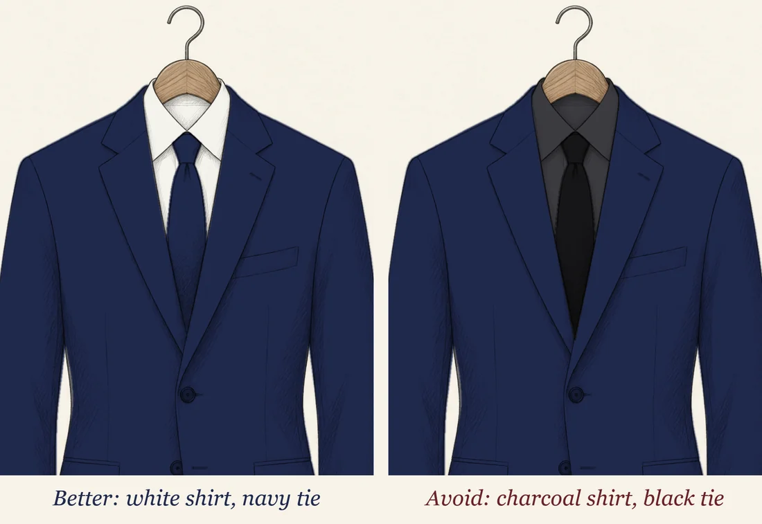 Two navy suit jackets drawn in pencil side by side and labelled: better, a white shirt with a navy tie; avoid, a charcoal shirt with a black tie that sinks into the jacket
