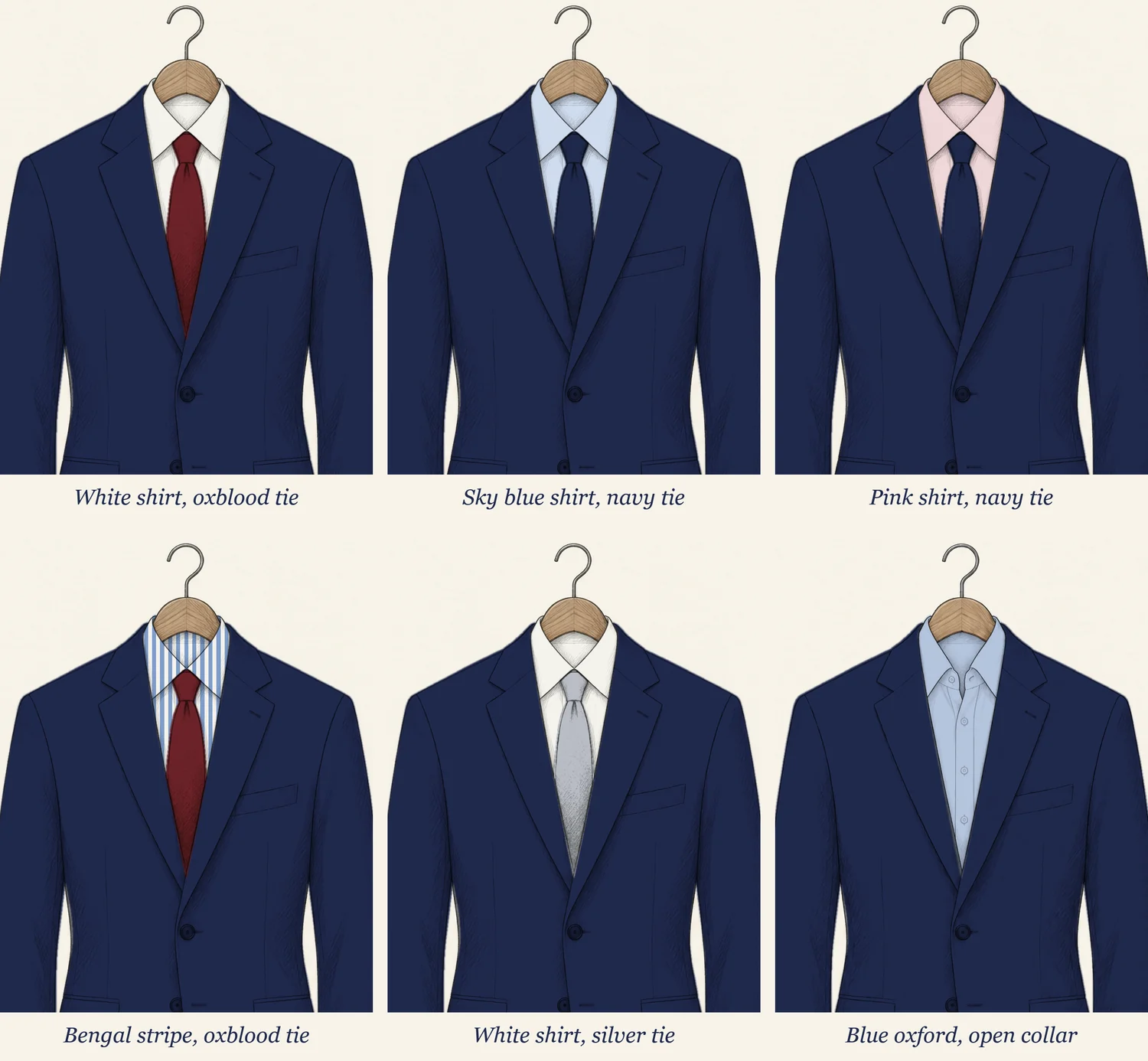Six navy suit jackets on hangers drawn in pencil in two rows, each labelled: white shirt with oxblood tie, sky blue shirt with navy tie, pink shirt with navy tie, Bengal stripe with oxblood tie, white shirt with silver tie, and a blue oxford shirt with an open collar