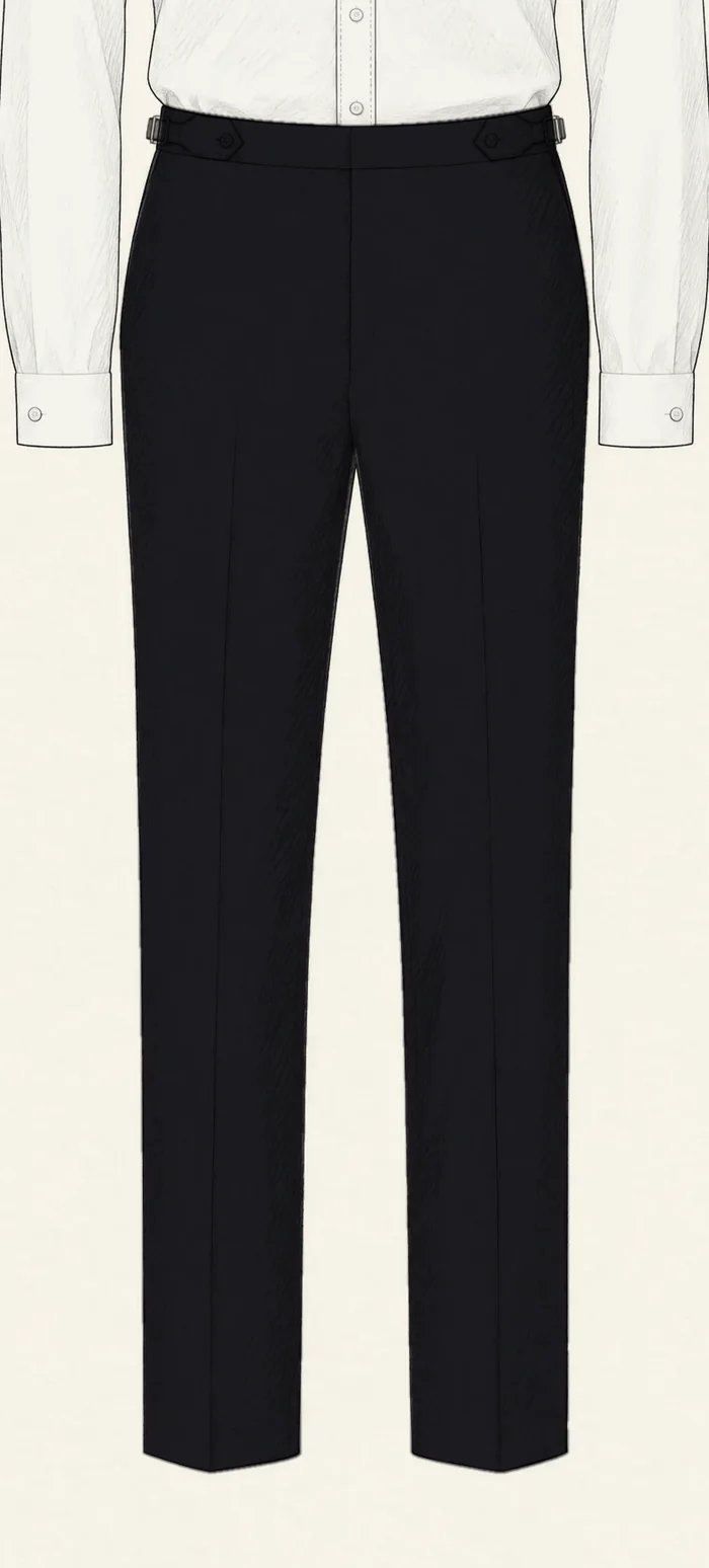 Black flat-front dress trousers drawn in pencil at full length under a white shirt, with side adjusters and plain hems