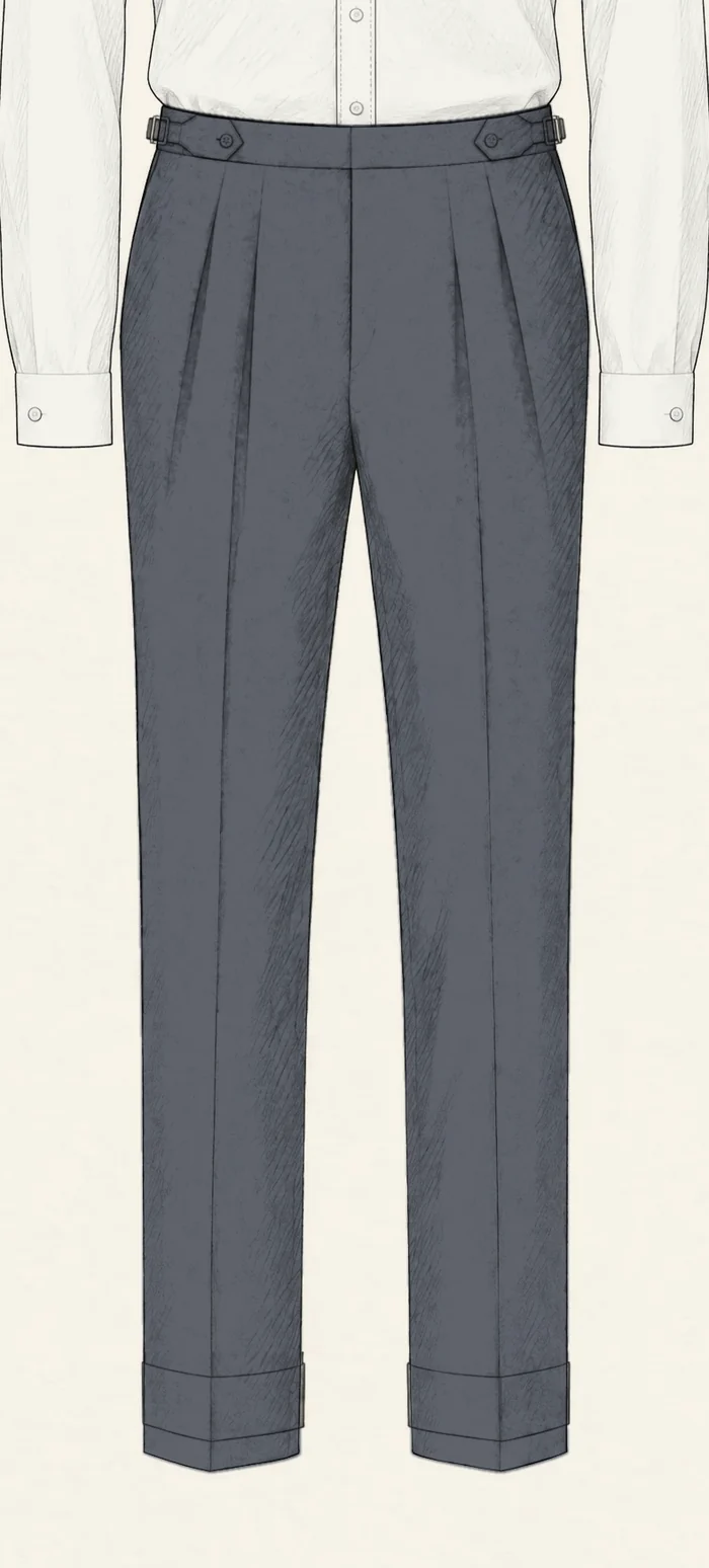Grey flannel trousers drawn in pencil at full length under a white shirt, with double pleats, buttoned side adjusters and turn-ups at the hems