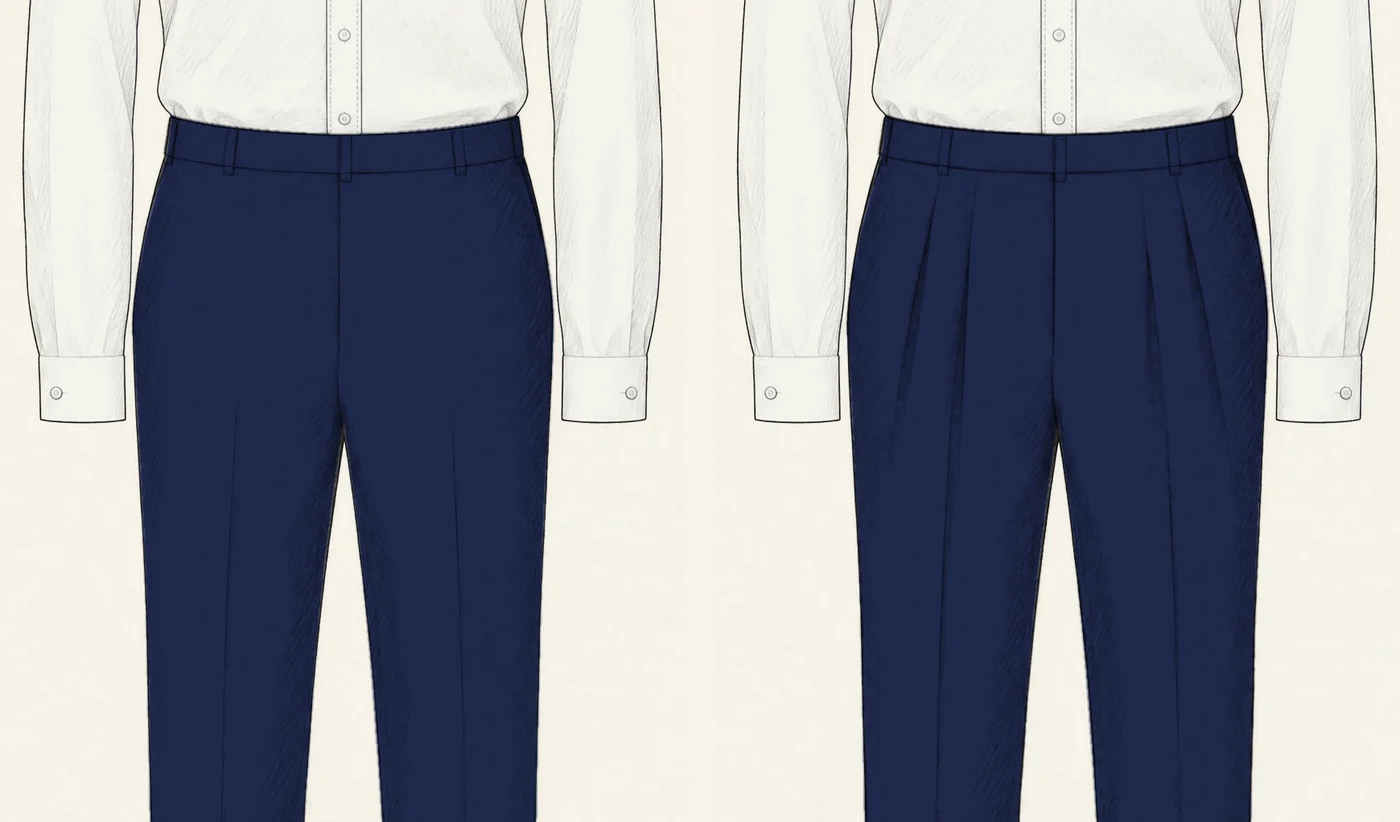 Two pairs of navy trousers with belt loops drawn in pencil side by side under white shirts: on the left flat-front with a smooth front, on the right with two pleats on each side of the fly