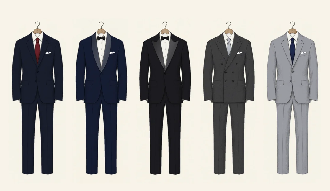 Five prom suits drawn in pencil in a row on hangers: a navy suit with an oxblood tie, a midnight dinner suit with a satin shawl collar and bow tie, a black dinner suit with satin peak lapels, a charcoal double-breasted suit with a silver tie, and a light grey suit with a navy tie