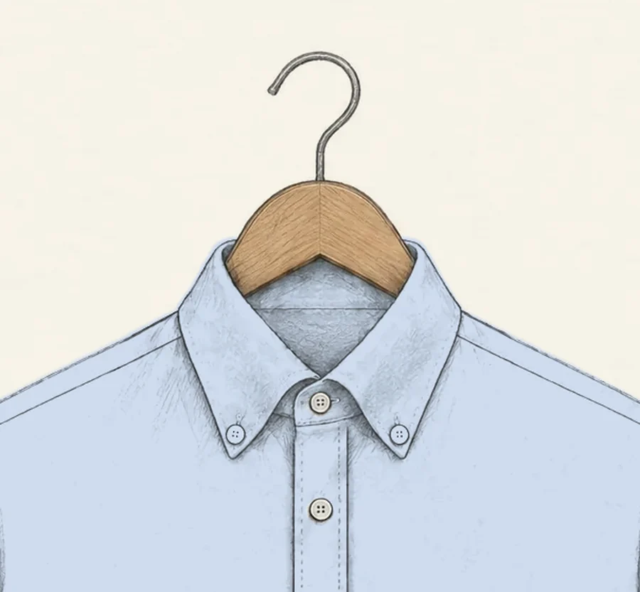 A button-down collar drawn in pencil on a pale blue dress shirt, each point fastened to the shirt front by a small button