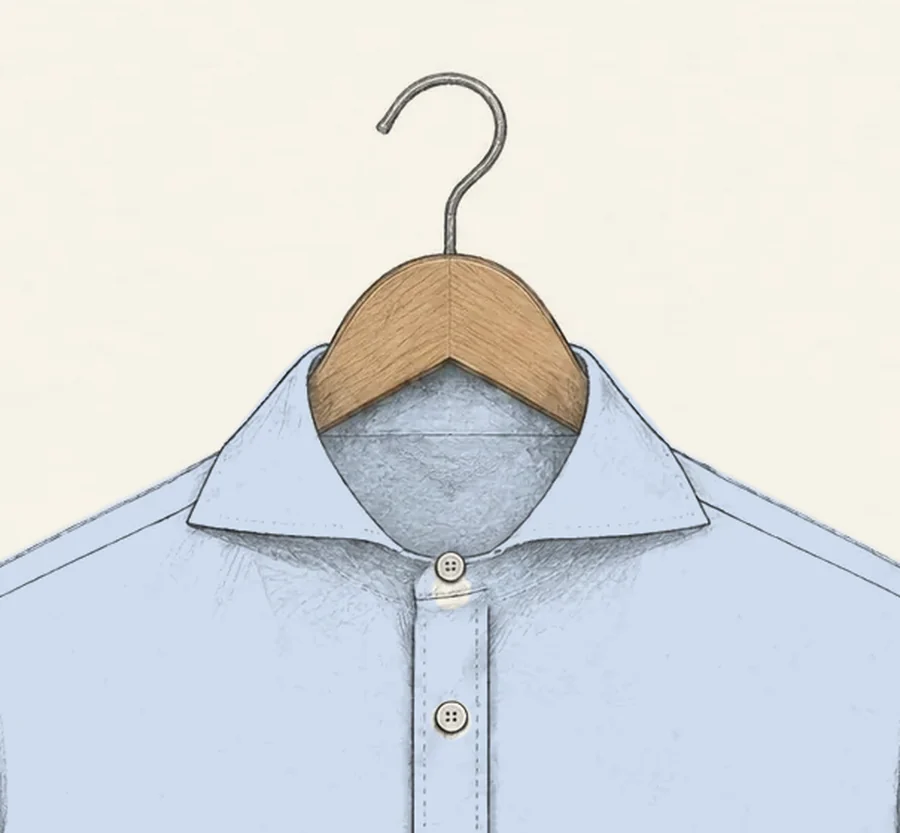 A cutaway collar drawn in pencil on a pale blue dress shirt, the short points running almost horizontally toward the shoulders