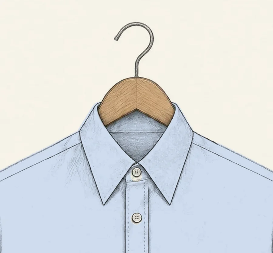 A point collar drawn in pencil on a pale blue dress shirt, the long points angled steeply down and close together