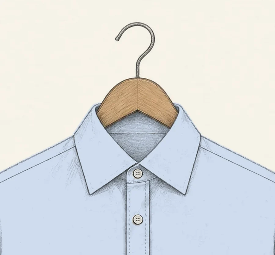A spread collar drawn in pencil on a pale blue dress shirt, the points angled out toward the shoulders