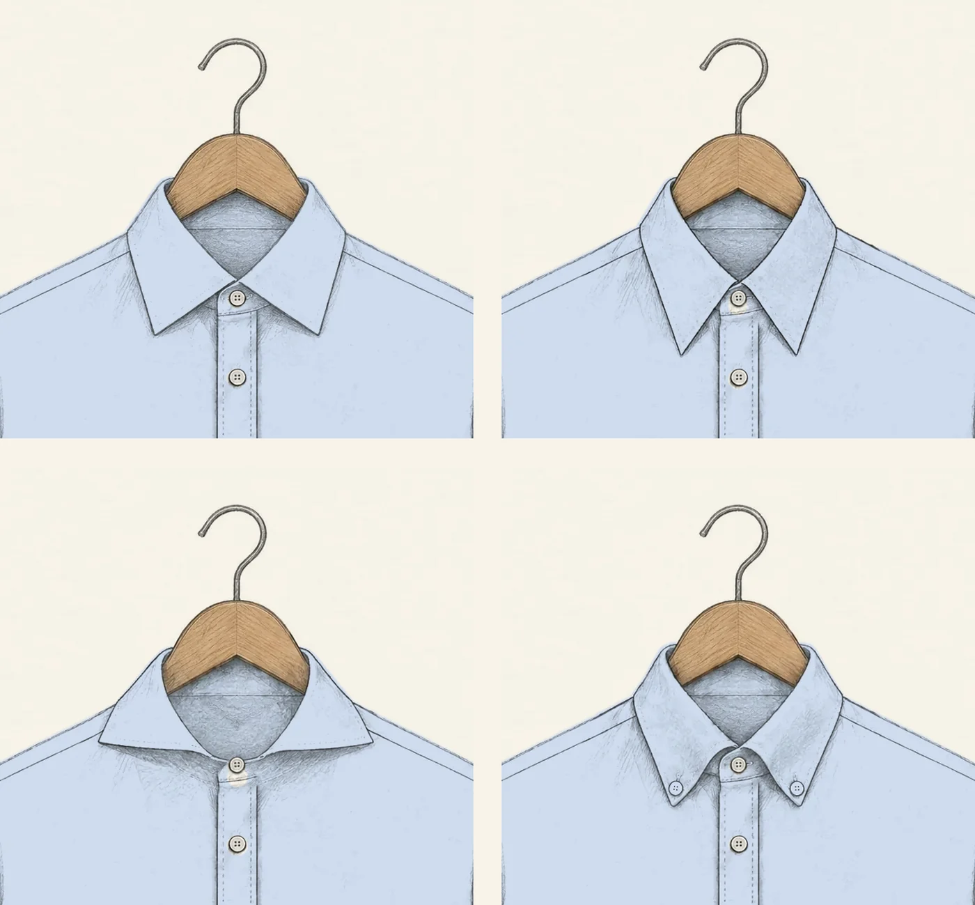 Four pale blue dress shirt collars drawn in pencil on the same shirt: a spread collar and a point collar on the top row, a cutaway collar and a button-down collar below