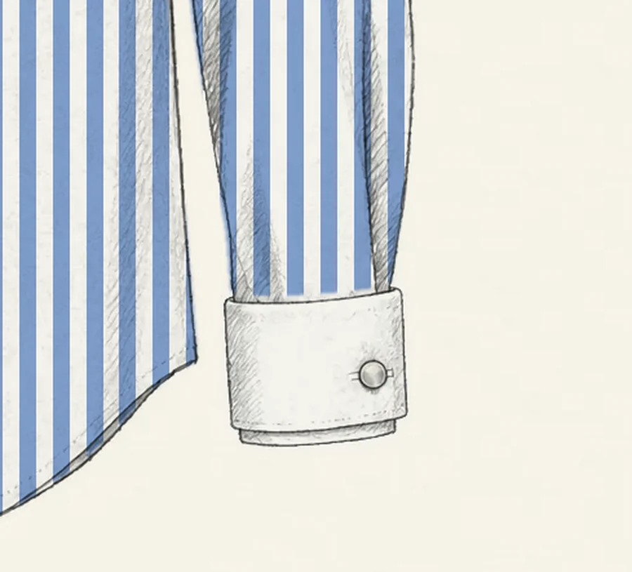 A white French cuff with a cufflink drawn in pencil on the sleeve of a blue and white Bengal stripe shirt