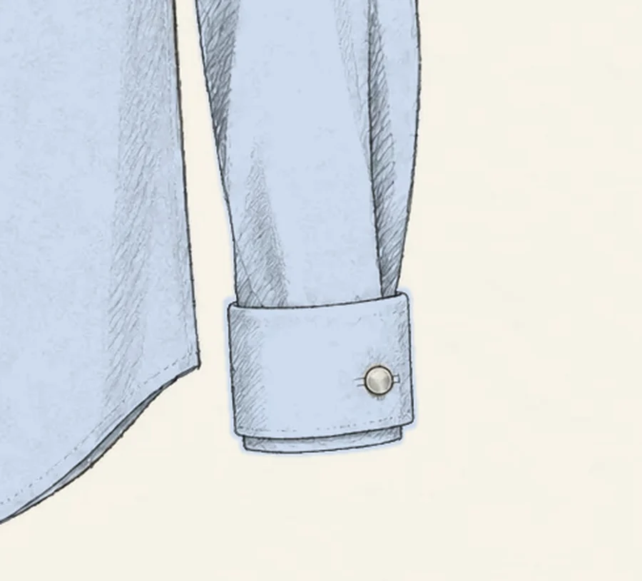 A French cuff drawn in pencil on a pale blue shirt sleeve, folded back on itself and closed with a round cufflink